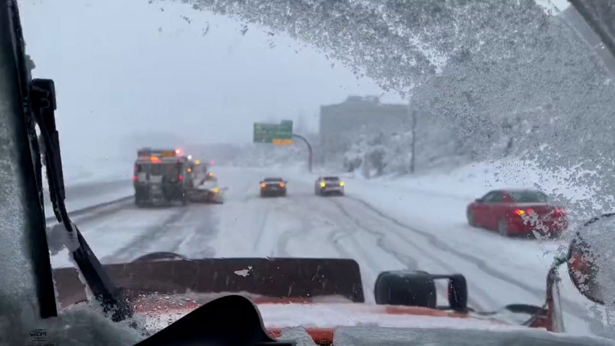 <i>Utah DOT</i><br/>The Utah Department of Transportation posted a video on Twitter showing their trucks plowing snow on the I-215. The video also shows several cars struggling to move in the snow.