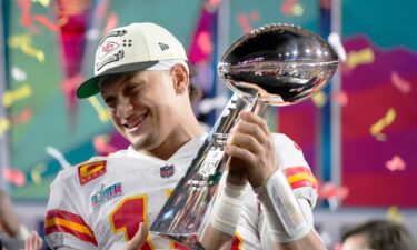 Patrick Mahomes holds the Lombardi Trophy after winning Super Bowl LVII in Glendale