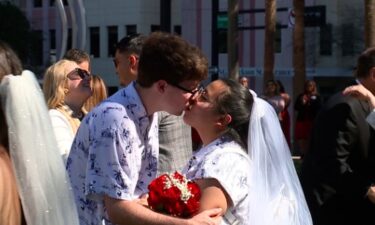 Hillsborough County Clerk of the Court Cindy Stuart officiated the group wedding for 32 couples on Valentine’s Day at Joe Chillura Courthouse Square.