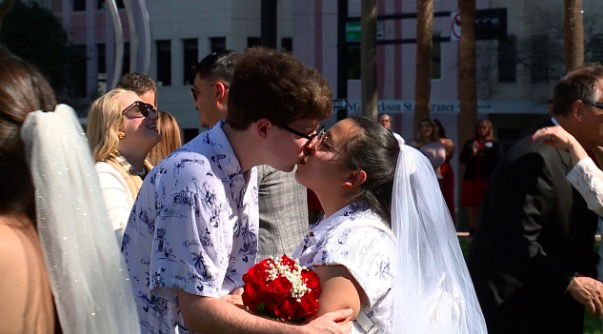 <i>WFTS</i><br/>Hillsborough County Clerk of the Court Cindy Stuart officiated the group wedding for 32 couples on Valentine’s Day at Joe Chillura Courthouse Square.