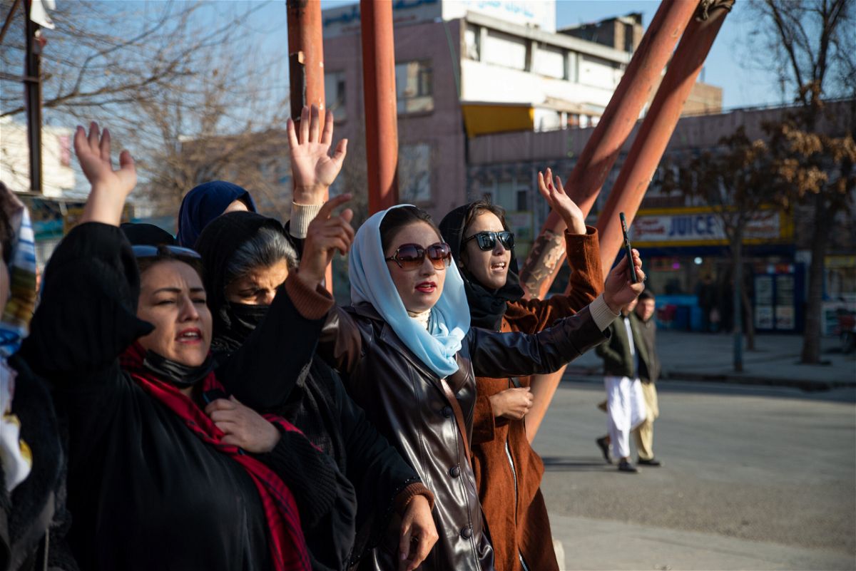<i>Stringer/Getty Images</i><br/>Afghan women protest against new Taliban ban on women accessing University Education on December 22