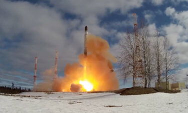 This image released by Russia's Ministry of Defense in April 2022 shows the first launch of its new Sarmat super-heavy