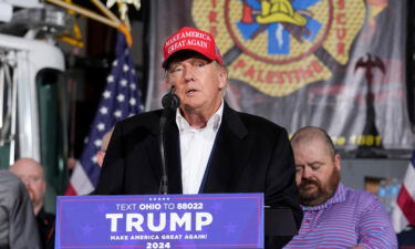 Former President Donald Trump speaks at the East Palestine Fire Department as he visits the area in the aftermath of the Norfolk Southern train derailment in East Palestine