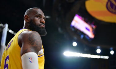 LeBron James looks on during a stoppage in play during the Los Angeles Lakers' game against the New Orleans Pelicans.