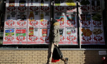 Prices are displayed in a grocery store on February 01