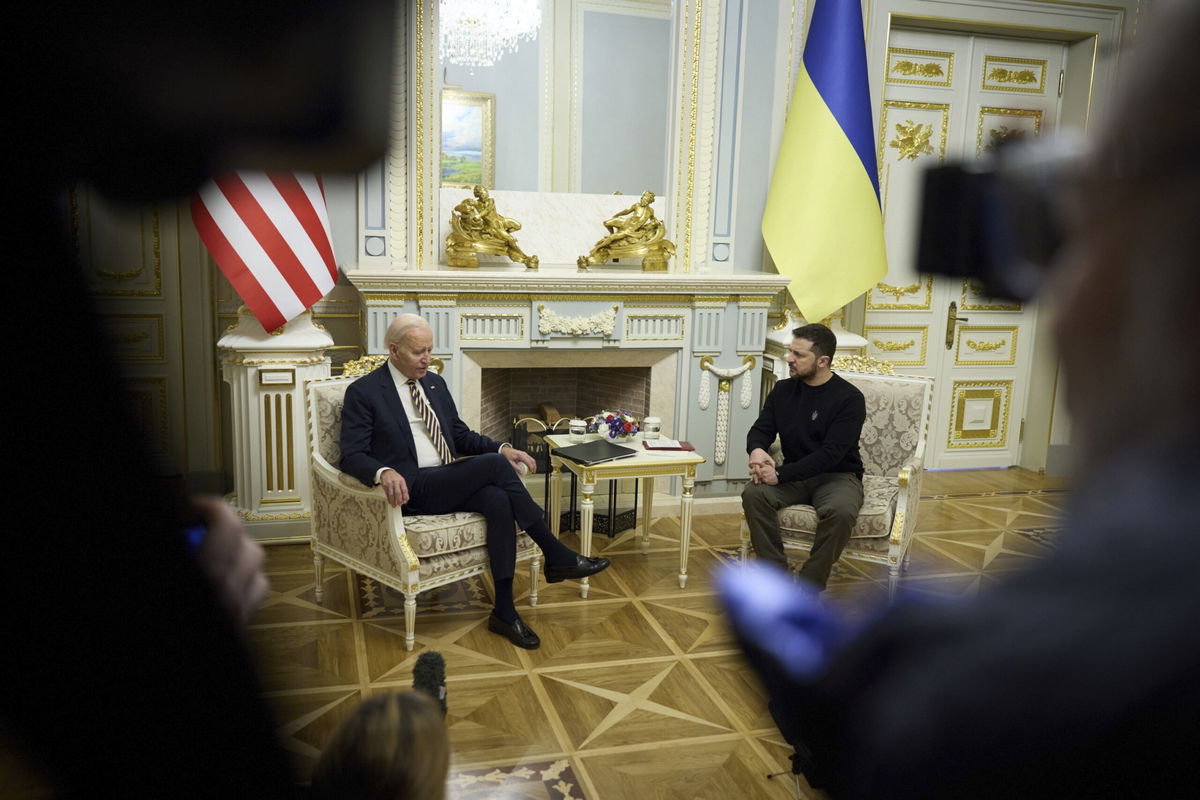 <i>Handout/Ukrainian Presidential Press Office/Getty Images</i><br/>President Joe Biden meets with Ukrainian President Volodymyr Zelensky at the Ukrainian presidential palace on February 20