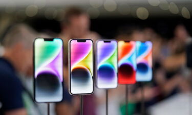 New iPhone 14 models are pictured here on display at an Apple event on the campus of Apple's headquarters in Cupertino