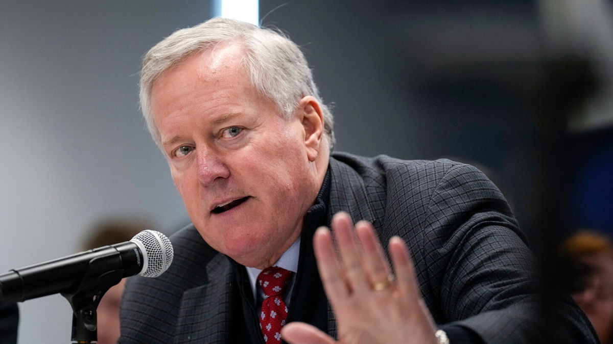 <i>Drew Angerer/Getty Images</i><br/>Former Trump White House chief of staff Mark Meadows speaks at FreedomWorks headquarters in November of 2022