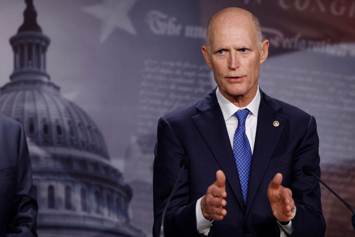 <i>Anna Moneymaker/Getty Images</i><br/>Sen. Rick Scott (R-FL) speaks during a news conference at the U.S. Capitol Building on January 25