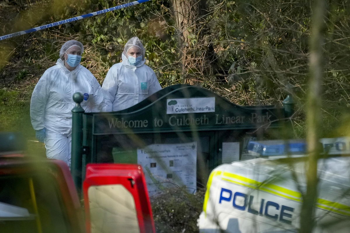 <i>Christopher Furlong/Getty Images</i><br/>Police forensic scientists attend the scene where 16-year-old Brianna Ghey was found.