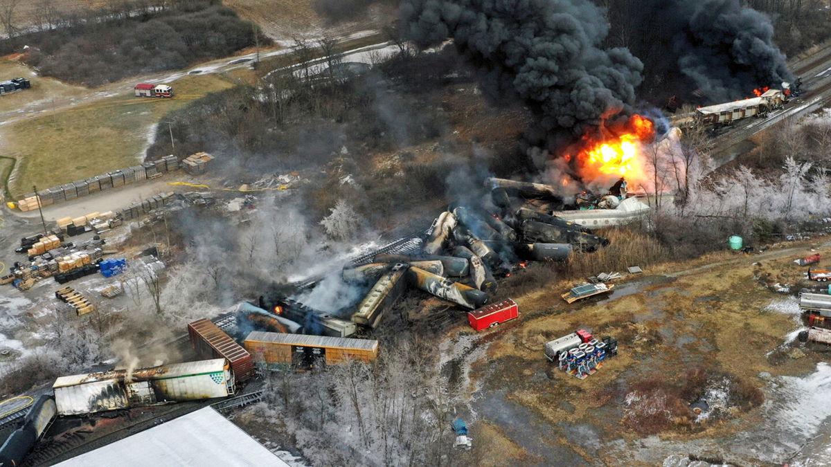 <i>Gene J. Puskar/AP</i><br/>Portions of a Norfolk Southern freight train that derailed in East Palestine