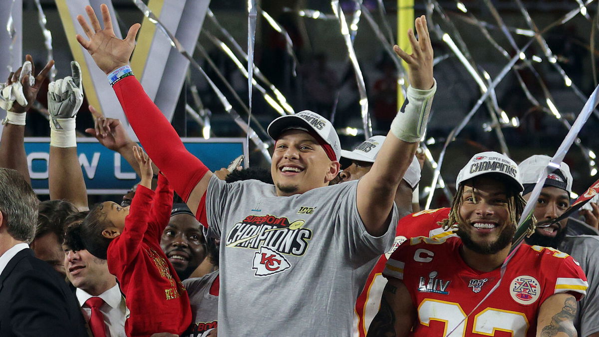 <i>Jamie Squire/Getty Images</i><br/>Mahomes celebrates after defeating the San Francisco 49ers in Super Bowl LIV.