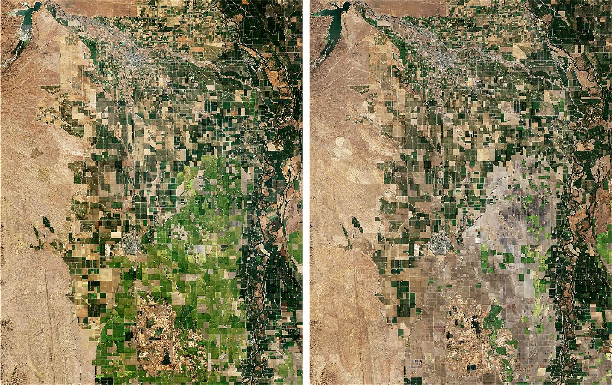 October 3, 2022, Greenbelt, MD, United States of America: Comparison view of the Sacramento Valley rice-growing region that has lost nearly 75 percent of production due to extreme drought conditions east of Willows, California. The image on the left shows green with normal production in September 4, 2021. The right image is mostly brown from drought and water shortages on September 16, 2022. (Credit Image: © Landsat 8/Nasa/Planet Pix via ZUMA Press Wire)