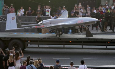 A Turkish-made Bayraktar TB2 drone at a rehearsal for a military parade dedicated to Independence Day in Kyiv