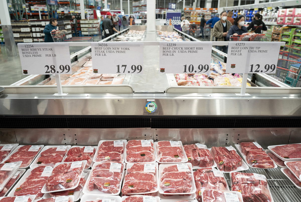 <i>Liu Guanguan/China News Service/VCG/Getty Images</i><br/>Inflation surprisingly rose in January. Packages of beef are displayed for sale at a supermarket on January 12