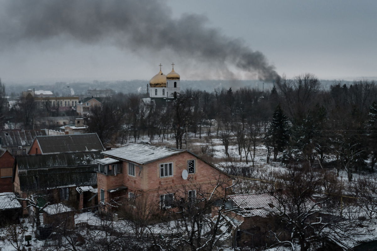 <i>Yasuyoshi Chiba/AFP/Getty Images</i><br/>Black smoke rises after shelling in the eastern Ukrainian city of Bakhmut amid the Russian invasion of Ukraine on February 3. An American volunteer aid worker was killed in Bakhmut on February 2 while aiding civilians.