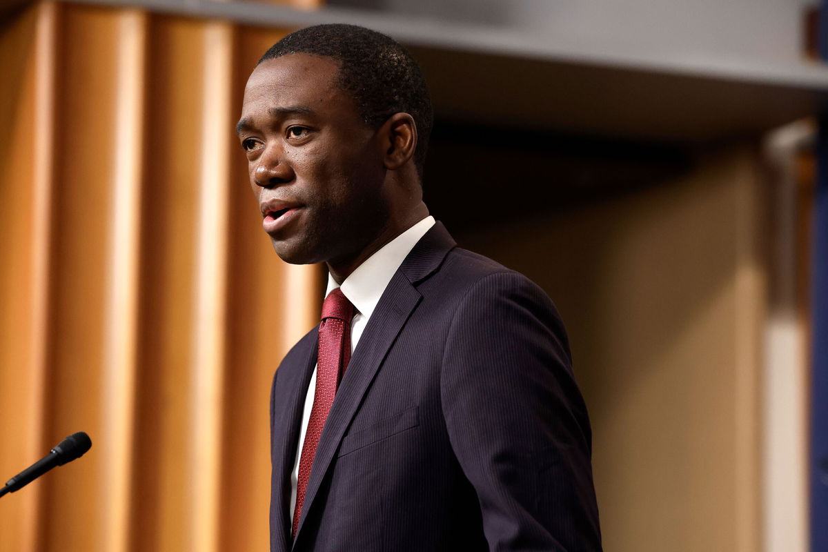 <i>Anna Moneymaker/Getty Images</i><br/>Deputy Treasury Secretary Wally Adeyemo speaks at a news conference at the US Justice Department Building on January 18 in Washington