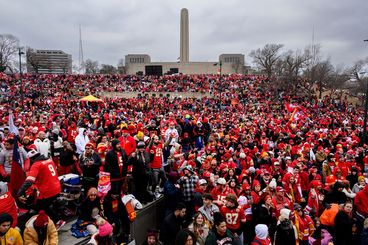 <i>Reed Hoffmann/AP</i><br/>Fans gather for the Kansas City Chiefs' victory celebration and parade in Kansas City