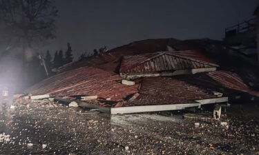 A view of a destroyed building is pictured here after a 7.4 magnitude earthquake jolts Turkey's Kahramanmaras province