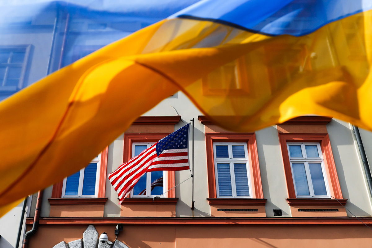 <i>Beata Zawrzel/NurPhoto/Getty Images</i><br/>The Ukrainian flag is seen in front of the US Consulate General in Krakow