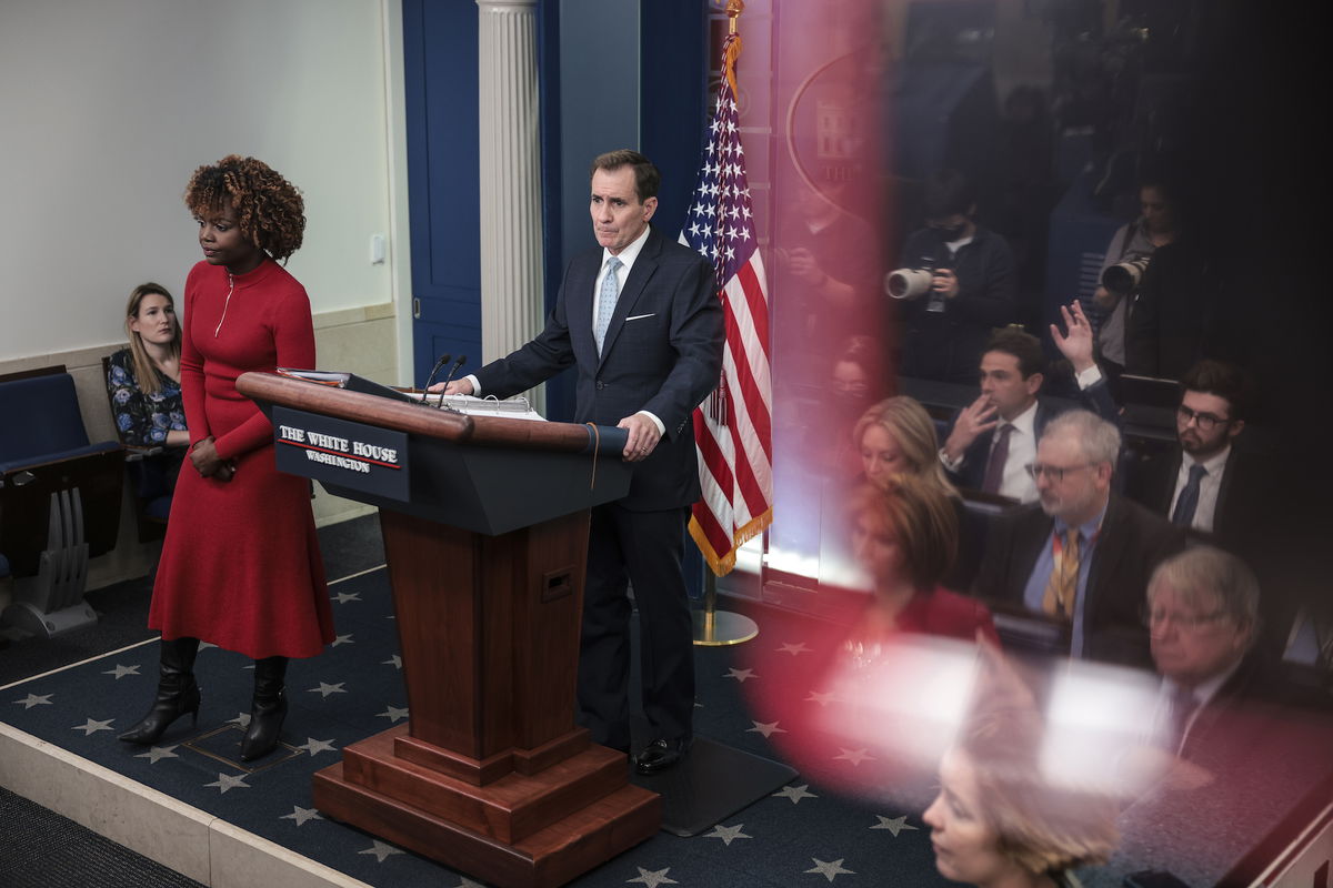 <i>Oliver Contreras/SIPA/Bloomberg/Getty Images</i><br/>John Kirby speaks during a news conference with Karine Jean-Pierre