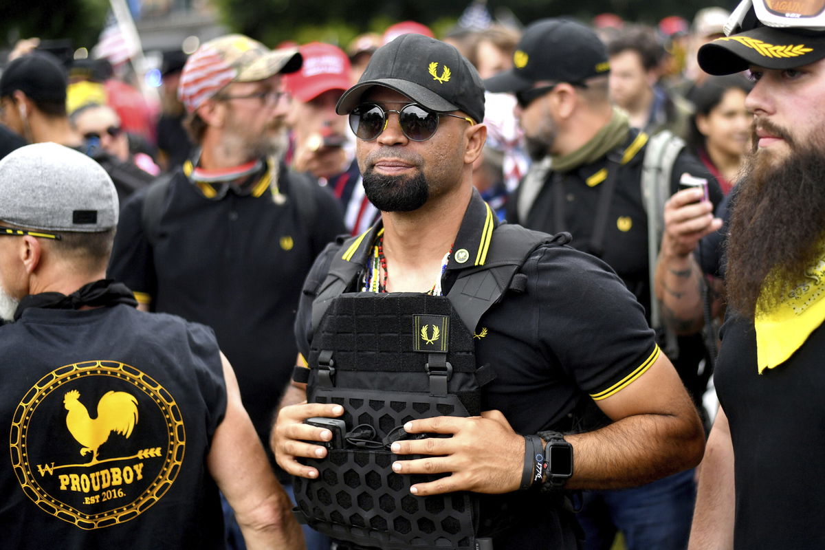 <i>Noah Berger/AP/FOLE</i><br/>Proud Boys chairman Enrique Tarrio rallies in Portland