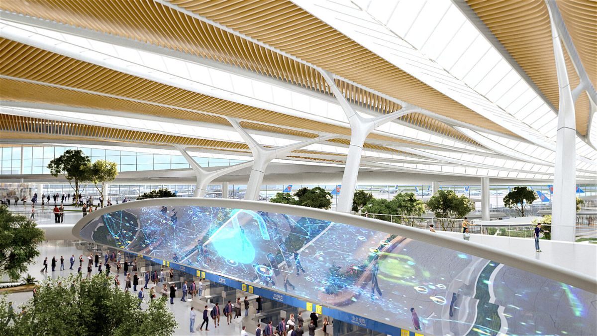 <i>MAD Architects</i><br/>A digital rendering of the airport terminal's interior.