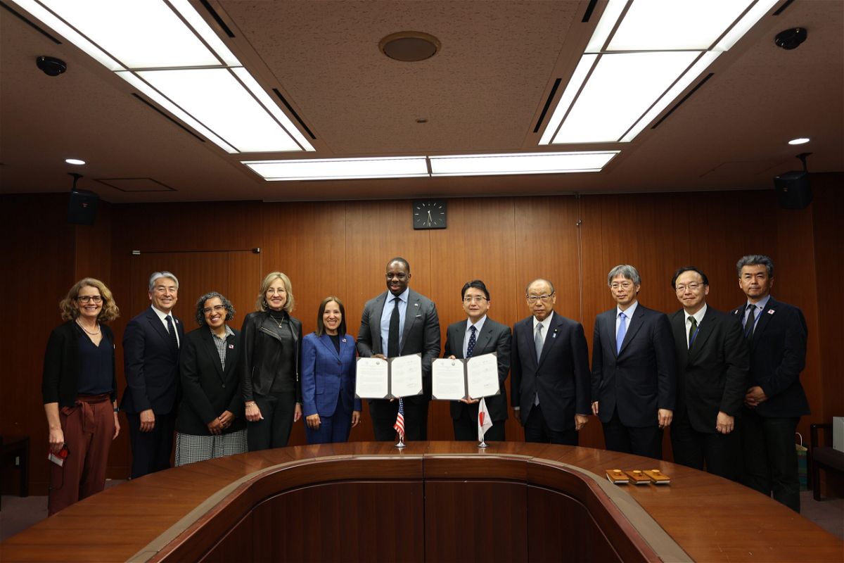 Signatories and witnesses for the letter of intent between California and Japan signed Tuesday in Tokyo.