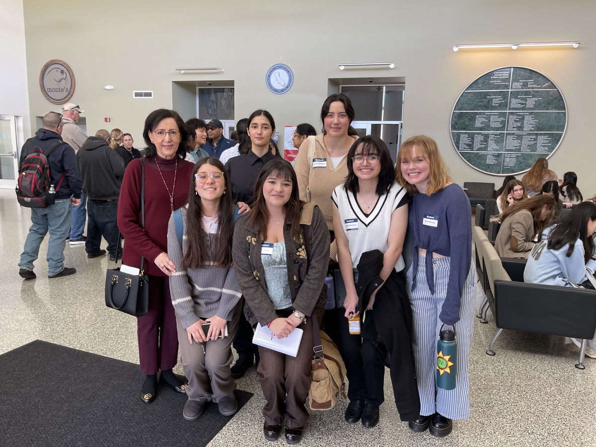 Group photo of Salinas High School students who participated in the Monterey County Science and Engineering Fair.
Top Row from L to R: Salinas High School Chemistry Teacher Shahida Merchant, 11th grade student Melanie Gonzales-Fuentes, Claire Gonzales. 
Front from Left to Right: 11th grade student Sofia Beltran, Vivian Mata, Taryn Maestri, Hailey Marquez