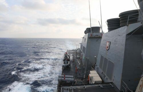 The guided-missile destroyer USS Milius conducts a freedom of navigation operation in the South China Sea on Friday.