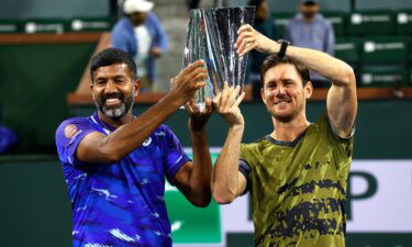 Rohan Bopanna (left) and Matthew Ebden (right) celebrate winning the BNP Paribas Open.