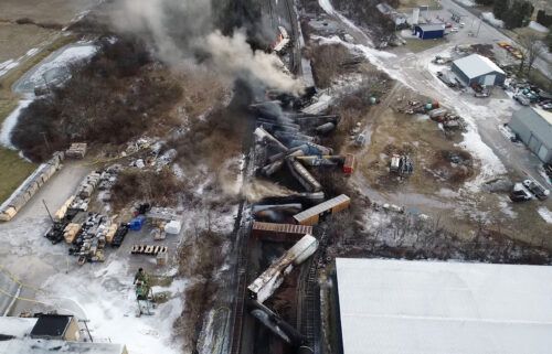 Drone footage from the National Transportation Safety Board shows the freight train derailment in East Palestine
