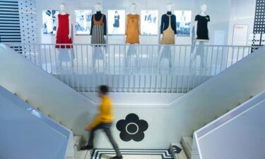 A gallery display of the Victoria & Albert Museum's exhibition showing pieces by Mary Quant.