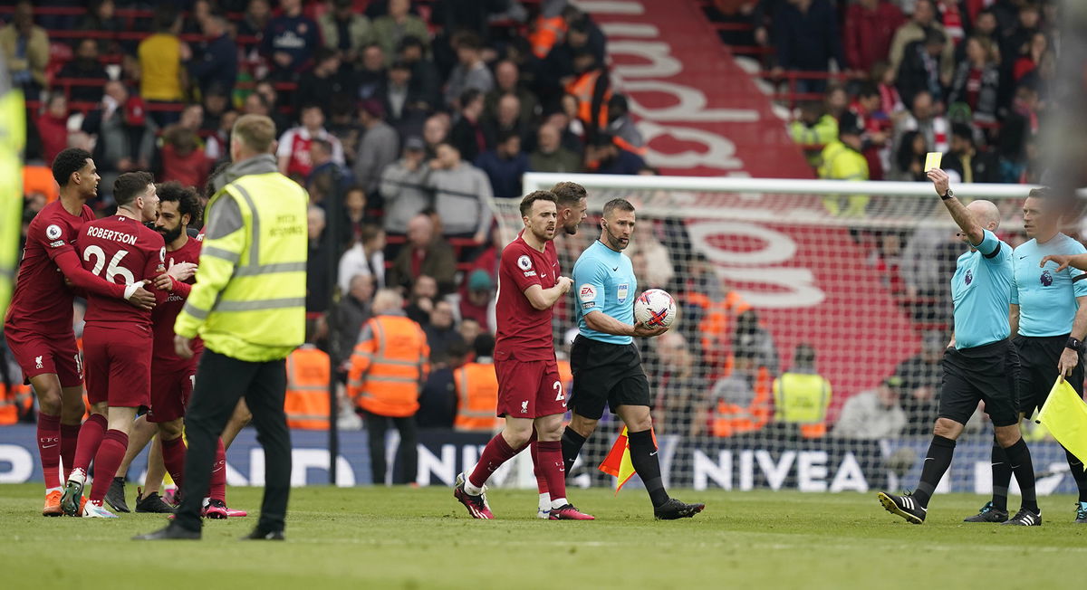 <i>Andrew Yates/AP</i><br/>Robertson received a yellow card as the players walked off at the break.