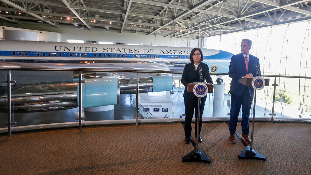 Taiwan President Tsai Ing-wen (left) and US House Speaker Kevin McCarthy are pictured at the Ronald Reagan Presidential Library in Simi Valley