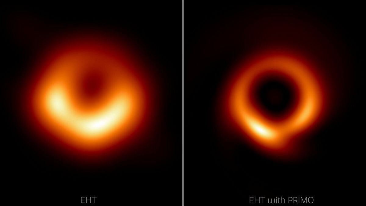 <i>NOIRLab</i><br/>A machine-learning technique was used to enhance the Event Horizon Telescope Collaboration's image (left) of the supermassive black hole at the center of the galaxy Messier 87 and produce a sharper image.