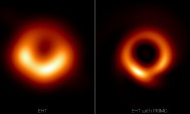 A machine-learning technique was used to enhance the Event Horizon Telescope Collaboration's image (left) of the supermassive black hole at the center of the galaxy Messier 87 and produce a sharper image.
