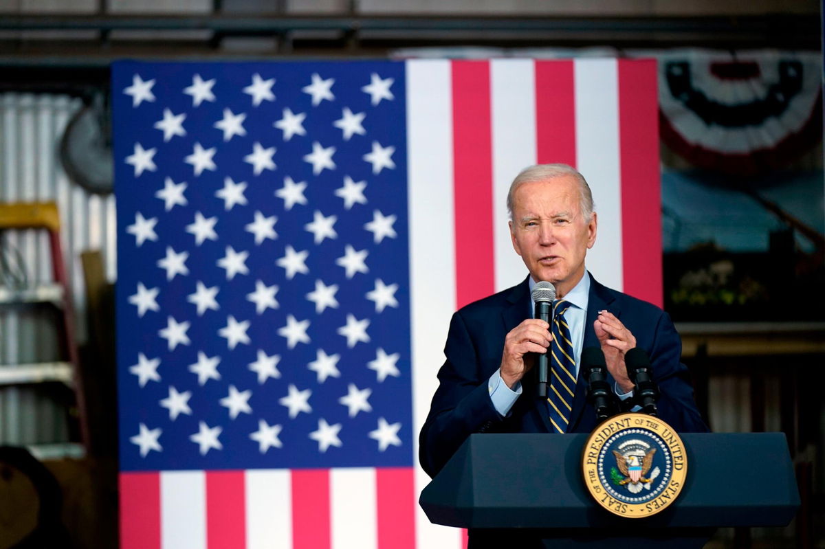 President Joe Biden speaks about his economic agenda at International Union of Operating Engineers Local 77's training facility in Accokeek, Md., Wednesday, April 19, 2023. (AP Photo/Patrick Semansky)