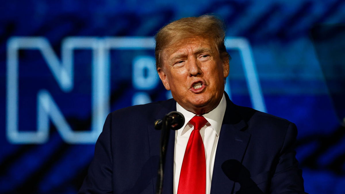 <i>Aaron M. Sprecher/AP</i><br/>A slew of 2024 GOP presidential hopefuls are traveling to Indianapolis on April14 for a National Rifle Association convention at which they will court gun rights activists. Former president Donald Trump speaks during the NRA Annual Meeting in May 2022.