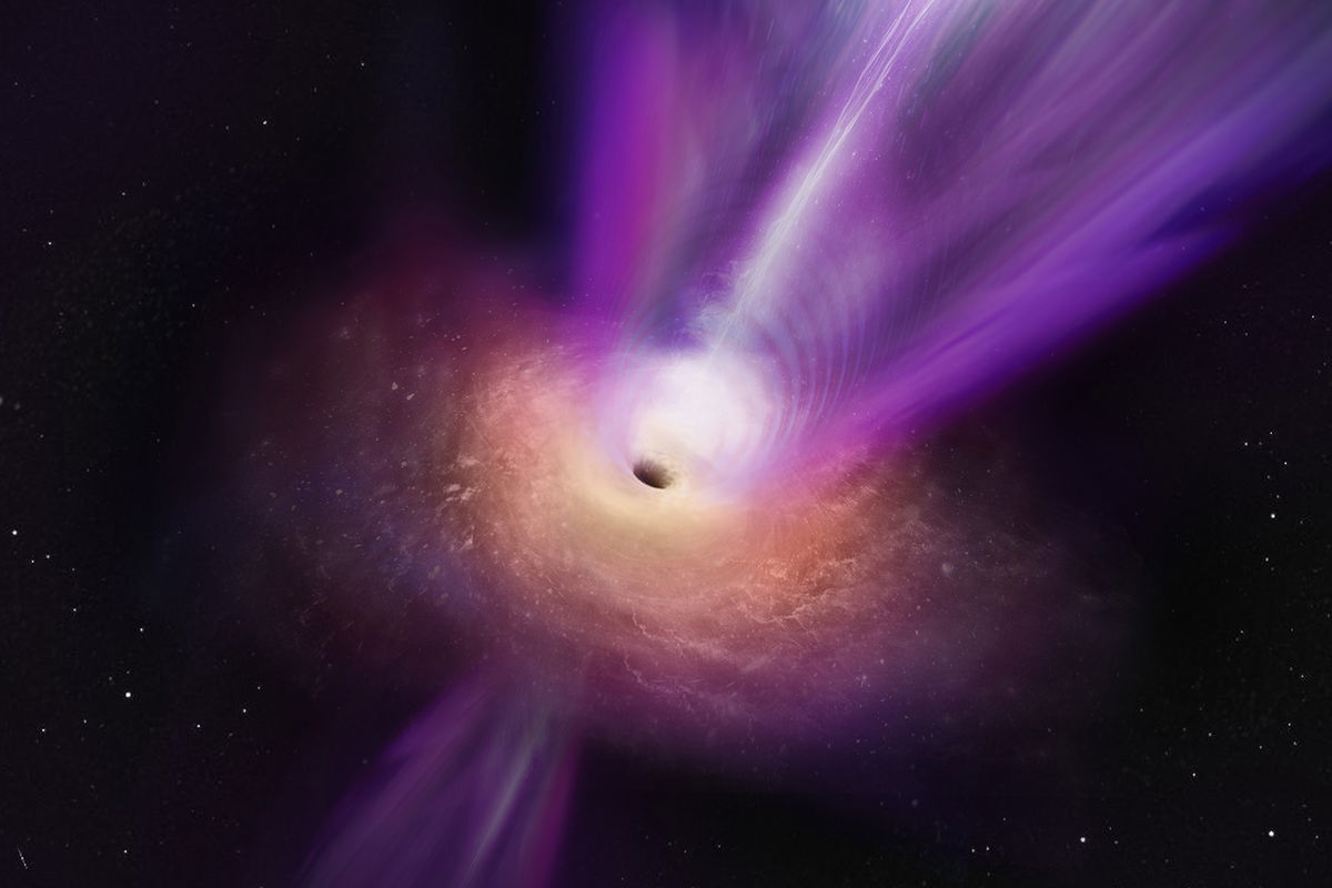 Scientists observing the compact radio core of M87 have discovered new details about the galaxy’s supermassive black hole. In this artist’s conception, the black hole’s massive jet is seen rising up from the centre of the black hole. The observations on which this illustration is based represent the first time that the jet and the black hole shadow have been imaged together, giving scientists new insights into how black holes can launch these powerful jets.