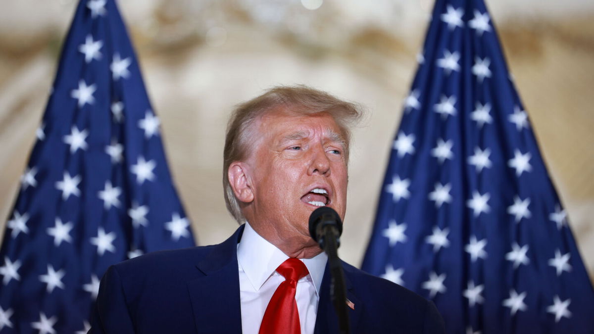 <i>Joe Raedle/Getty Images</i><br/>Former President Donald Trump speaks during an event at the Mar-a-Lago Club