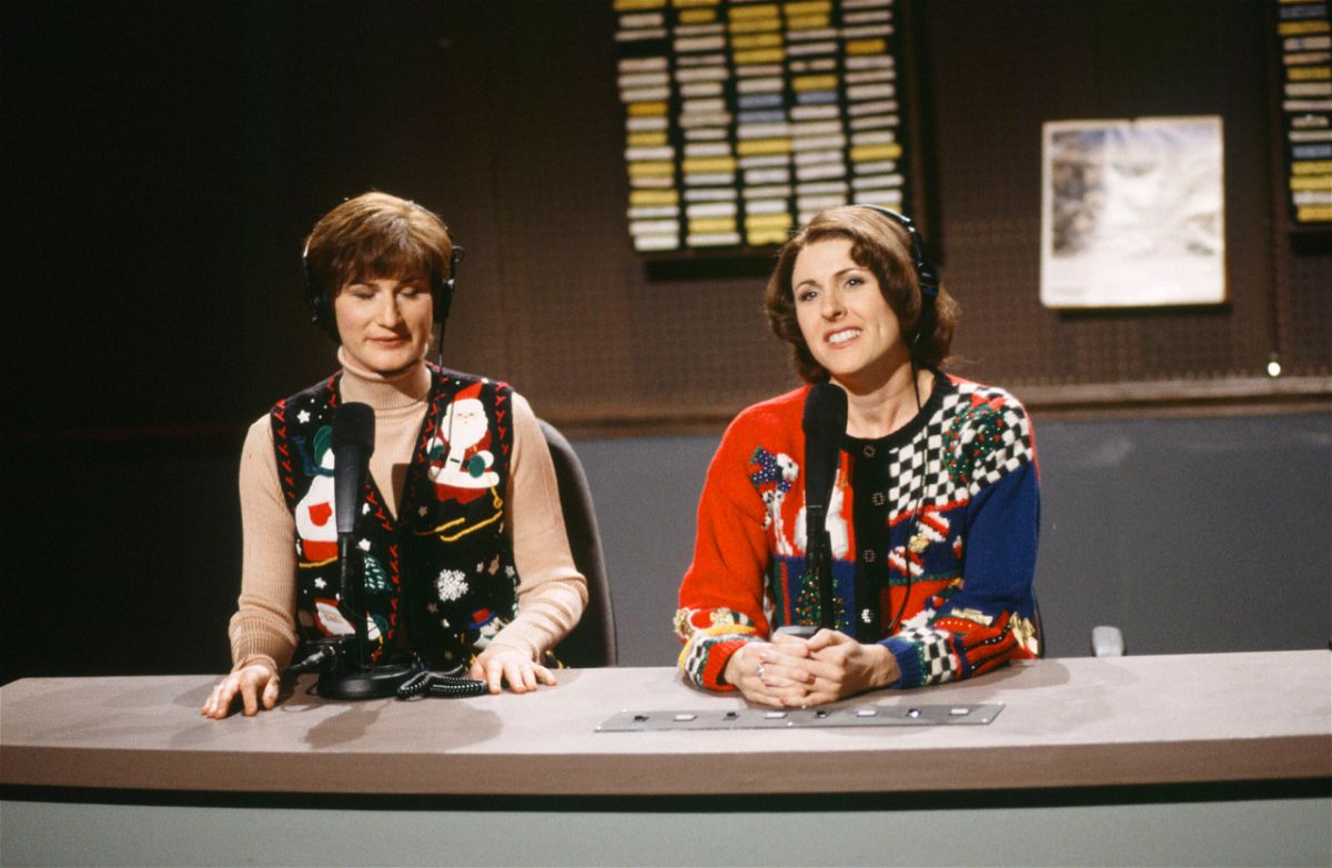 <i>Mary Ellen Matthews/NBC/Getty Images</i><br/>Ana Gasteyer as Margaret Jo McCullin and Molly Shannon as Terry Rialto during 'The Delicious Dish' skit in 1998.