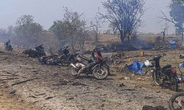 This photo provided by the Kyunhla Activists Group shows the aftermath of an airstrike in Pazigyi village in Sagaing region's Kanbalu township