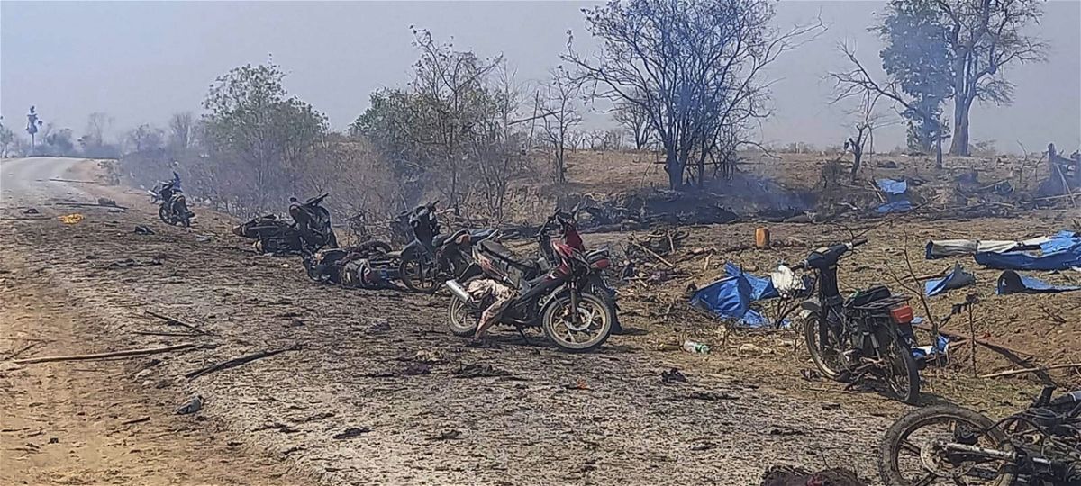 This photo provided by the Kyunhla Activists Group shows the aftermath of an airstrike in Pazigyi village in Sagaing region's Kanbalu township