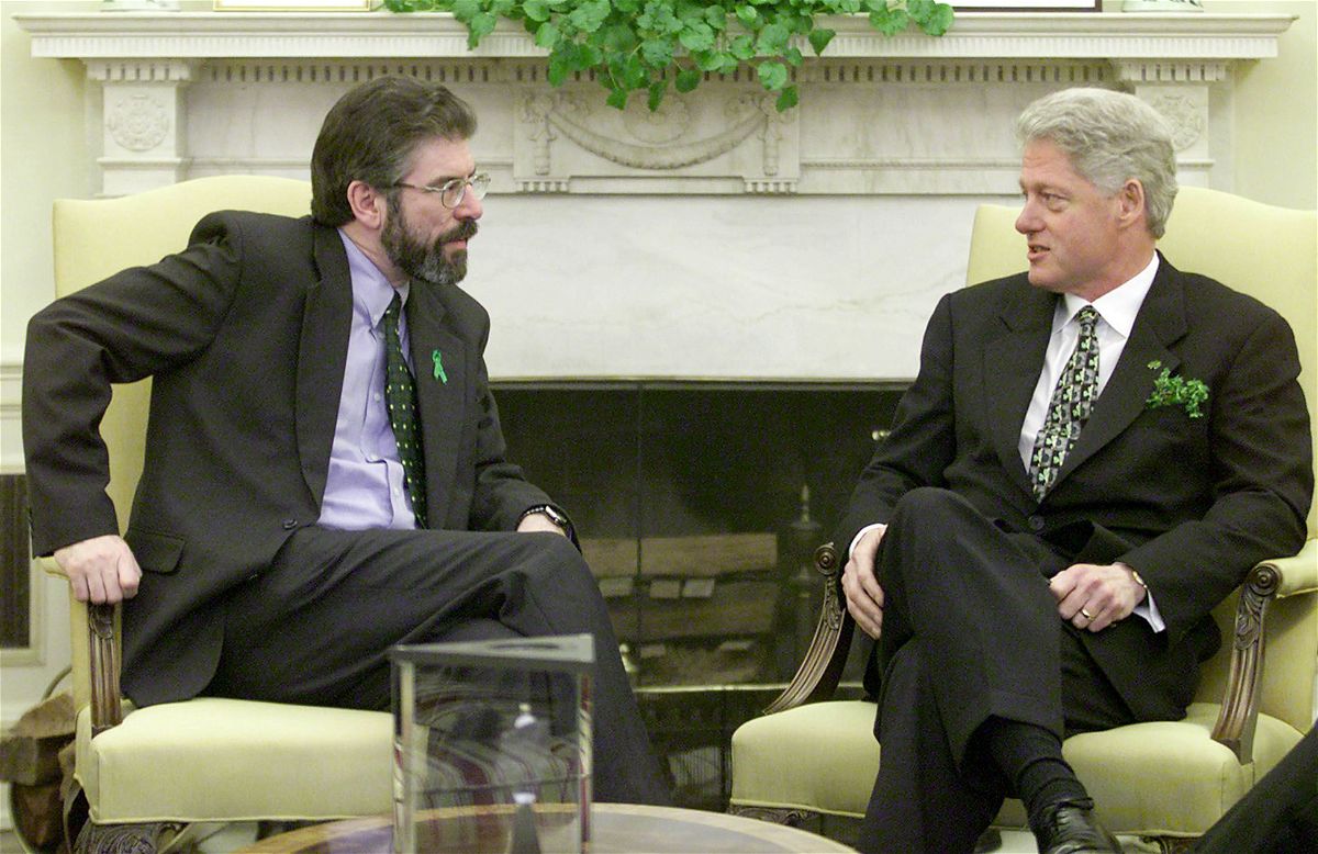 <i>The White House/Hulton Archive/Getty Images</i><br/>Bill Clinton meets with former Sinn Fein leader Gerry Adams in the Oval Office of the White House on St. Patrick's Day in Washington D.C.