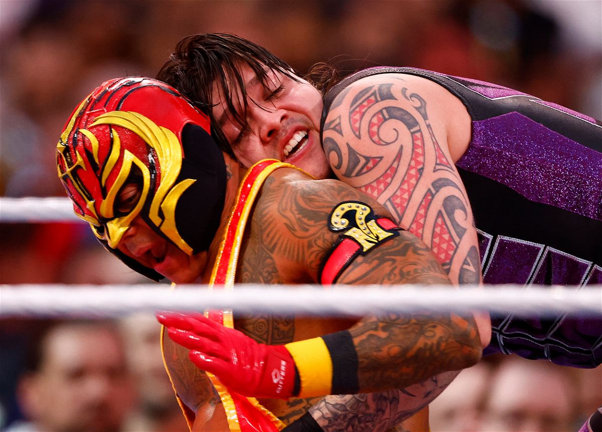 <i>Ronald Martinez/Getty Images/FILE</i><br/>Dominik Mysterio wrestles Rey Mysterio during WrestleMania Goes Hollywood at SoFi Stadium on April 1 in Inglewood
