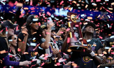 LSU players celebrate after the NCAA Women's Final Four championship basketball game against Iowa Sunday