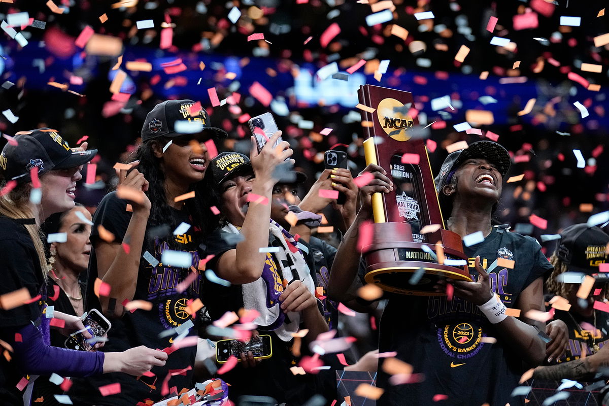 <i>Tony Gutierrez/AP</i><br/>LSU players celebrate after the NCAA Women's Final Four championship basketball game against Iowa Sunday