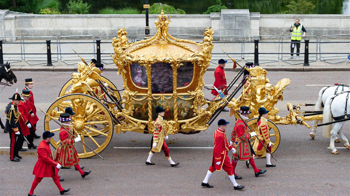 <i>Toby Hancock/CNN</i><br/>The Gold State Coach is seen during the Platinum Jubilee Pageant in front of Buckingham Palace last June.