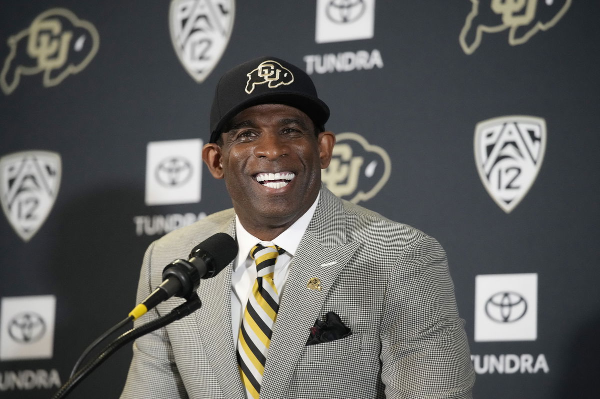 <i>David Zalubowski/AP</i><br/>Deion Sanders speaks after being introduced as the new head football coach at the University of Colorado in December.